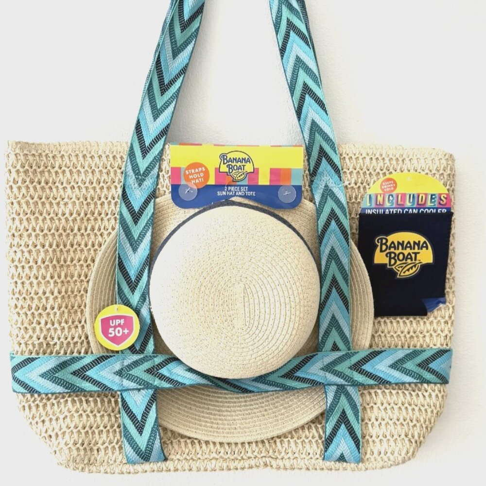 Banana Boat Straw Tote Bag Sun Hat UPF 50+ & Can Cooler Set NWT